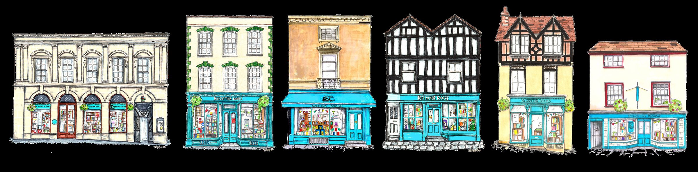 Watercolour strip painting of the six existing Rossiter Books shopfronts, painted by Marisa Giannasi, showing each shop’s distinctive facade along the English-Welsh border.