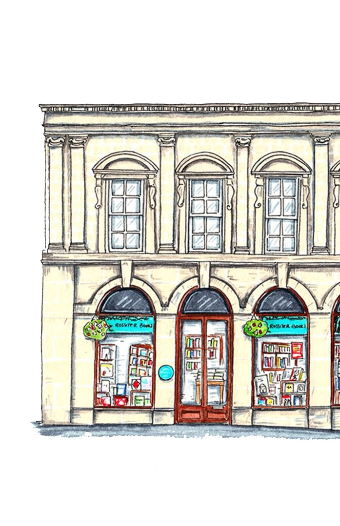 Watercolour painting by Marisa Giannasi of the Rossiter Books Cheltenham shopfront: a Regency stone building with arched first-floor windows, a bright teal-blue awning over the shop, a red door, and books visible through the lit windows.
